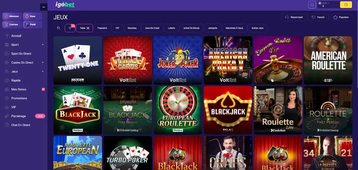 IgoBet app lobby overzicht